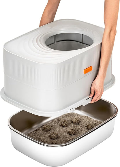 Stainless Steel Sifting Litter Box with Lid, Metal Litter Pan with Scoop for Big Cats Multi Cat, Extra Large Cats Litterbox Odor Control Easy Clean