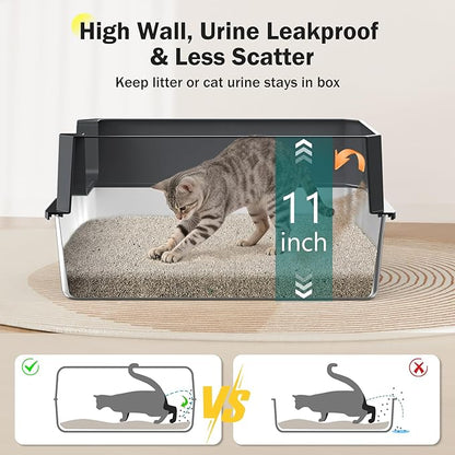 Stainless Steel Litter Box, Extra Large Litter Boxes for Big Cats, XLarge Metal Cat Litter Box with Lid, Anti-Urine Leakage XL Box with High Sides, Easy Clean, Non-Sticky, Scoop Included