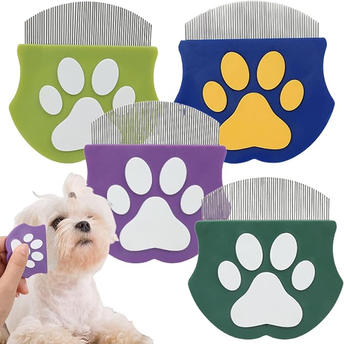 Pet Detangling Flea Comb, Dog Facial Eye Comb, Stainless Steel Tear Stain Remover, Round-Head Grooming Comb for Dog Cat (4 Colors)