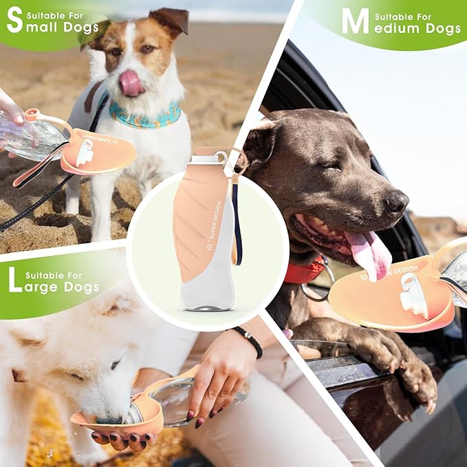 SUPERDESIGN Dog Water Bottle, Portable Dog Water Bottle for Small to Large Dogs, Leak Proof Dog Travel Water Bottle, Large Leaf Travel Water Bowl for Dogs and Dog Walking Accessories (19.6OZ, Pink)