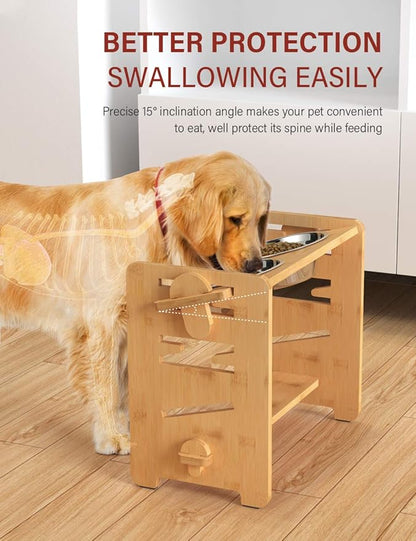 Vantic Elevated Dog Bowls, Adjustable Raised Dog Bowl Stand for Medium Sized Pet, Sturdy Bamboo Food Feeder with 2 Stainless Steel Dishes, Natural