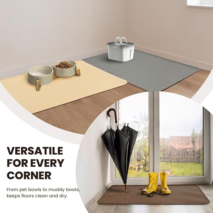 VIVAGLORY Dog Food Mat Flexmat Dog Bowl Mat, Placemat Food Tray with Raised Edges & Lip for Indoor Floor, Non Slip Waterproof Silicone Dish Placemat for Cat & Pet, L, Navy Blue