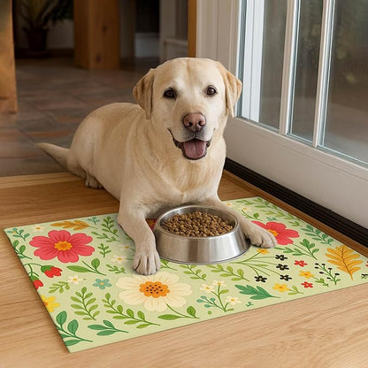 Absorbent Pet Feeding Mat Floral Design for Dogs and Cats Food Water Bowl Mat Easy to Clean Pet Food Mat for Kitchen Area Home Decor 24 x 16 Inches Anti Slip Dog Bowl Mat Pet Placemat