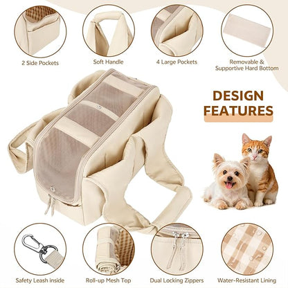 Dog Purse Carrier for Small Dogs and Cats, Soft-Sided Pet Tote Bag with 6 Large Pockets, Collapsible Travel Puppy Carrier, Fits Pets up to 16 lbs (Beige, 17.5" L x 8" W x 12" H)