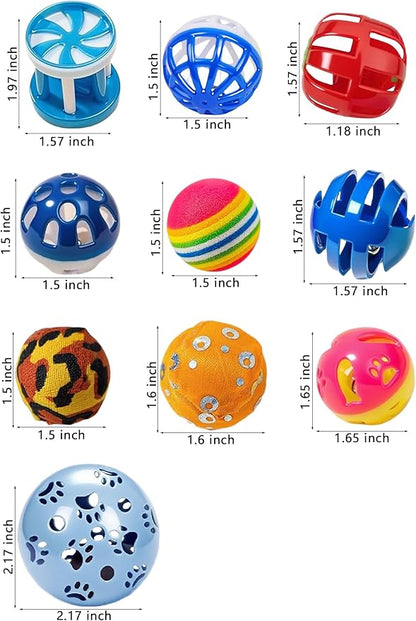 10 Cat Toys Bells Balls Assorted Designs Indoor Play for Kitten and Adult Cats Safe Durable for Chasing Hunting Chewing (1.5'' - 2.2'')