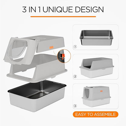 Anywish Stainless Steel Cat Litter Box with Lid, XL Extra Large Enclosed Removable Metal Litter Box with Litter Scoop&Double Layer Litter Mat, Non-Sticky, Non-Odor, Easy Cleaning, for Big Cats, Grey