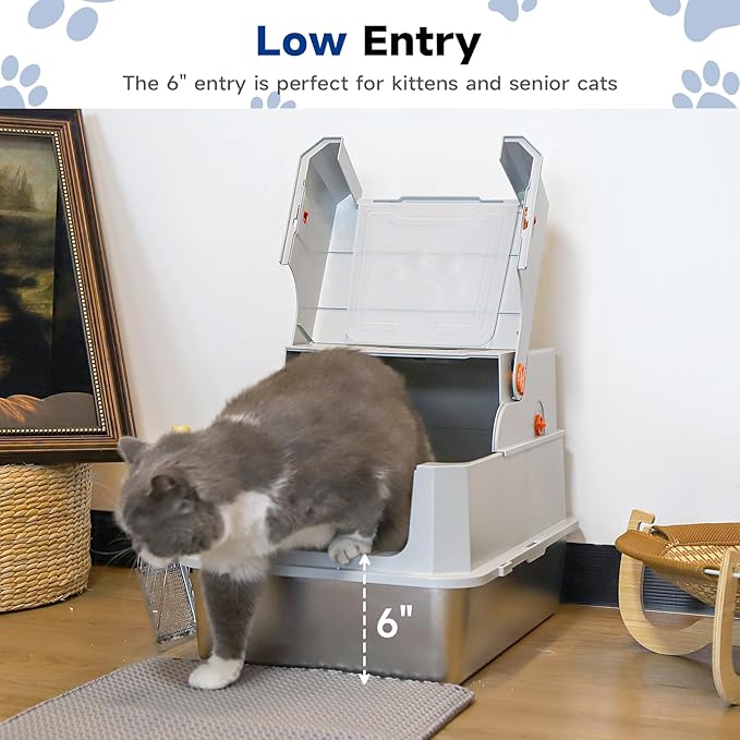 TENTIZON Stainless Steel Cat Litter Box with Lid, Large Covered Enclosed Kitty Litterbox with Hood, Flip Top, High Side, Litter Mat, Scoop for Big Cats, Kitten, No Odor, No Mess, Easy Clean, Grey