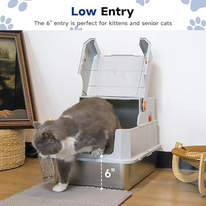 TENTIZON Stainless Steel Cat Litter Box with Lid, Large Covered Enclosed Kitty Litterbox with Hood, Flip Top, High Side, Litter Mat, Scoop for Big Cats, Kitten, No Odor, No Mess, Easy Clean, Grey