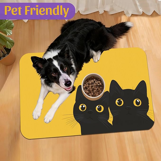 Cute Black Cat Peeking Pet Bowl Mat, Absorbent Placemat for Food and Water, Waterproof Non-Slip Rubber Base – 12x20 Inch