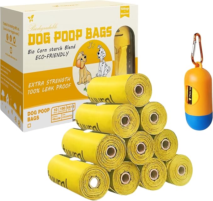 Dog Poop Bags-150 Counts with Holder (10 Rolls), Biodegradable Poop Bags, Eco-friendly and Easy to Open, Thick Dog Waste Bags (Yellow)