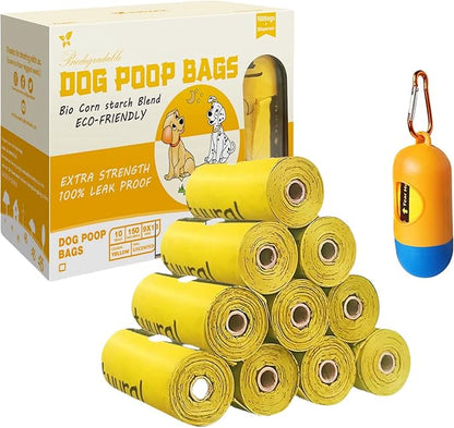 Dog Poop Bags-150 Counts with Holder (10 Rolls), Biodegradable Poop Bags, Eco-friendly and Easy to Open, Thick Dog Waste Bags (Yellow)