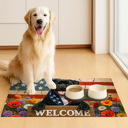 4th of July Flag Dog Pet Food Mat Independence Day Spill-Proof Pet Feeding Mat Welcome Dog Bowl Mats Pets Placemat Cat Food Mats for Home Decor 24" x 16"