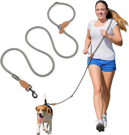 Mile High Life Hands Free Dog Leash, Crossbody Waist Leash with Genuine Leather Connection, Multifunctional Adjustable Slip Lead for Dog Walking Running (Black Khaki, 7FT)