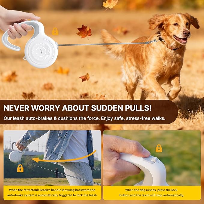 AutoBrake Retractable Dog Leash for Medium and Large Dogs, 360° Tangle-Free Dog Leash and 16Ft Strong Nylon Tape, Ergonomically Comfortable and Lightweight Grip Handle (White)