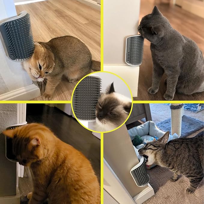 Cat Self Groomer – Wall Corner Grooming Brushes for Cats and Small Pets – Soft Silicone Massage Brush for Shedding Control and Face Rubbing (Grey)