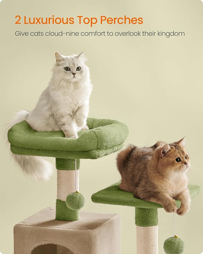 Feandrea Cat Tree, 59.5-Inch Tall Cat Tower, Plush Multi-Level Condo with 5 Scratching Posts, 2 Perches, 2 Caves, Hammock, 2 Pompoms, Grass Green and Camel Brown UPCT192C03