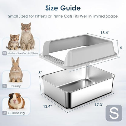 2 Pack 17.3" x13.4"x9" Stainless Steel Litter Box, Kitten Litter Box for Kittens & Small Pets, Semi-Enclosed Metal Cat Litter Box for Leak Proof, Easy-Clean Non-Stick, Odor Control