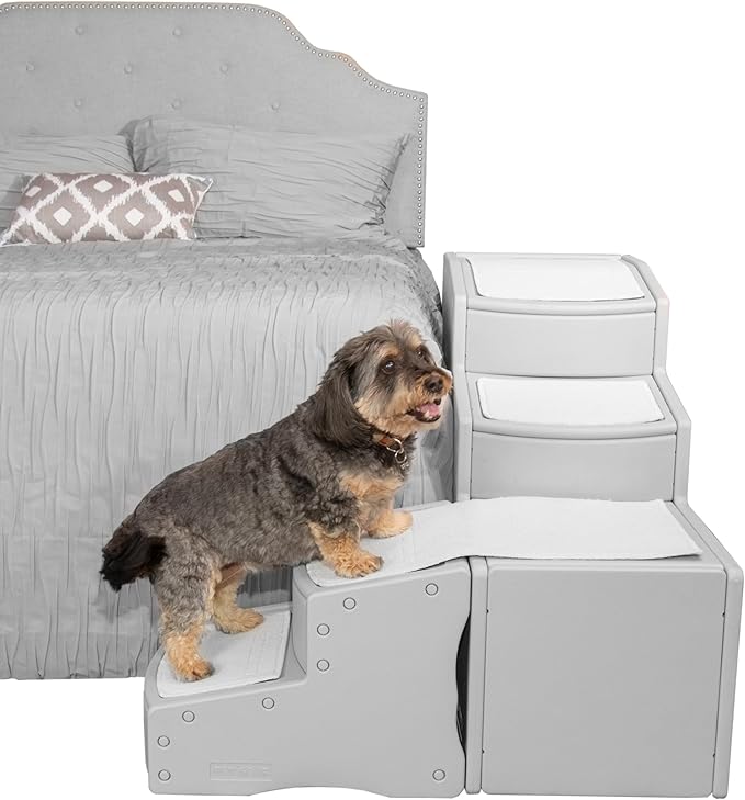 Pet Gear Easy Step Bed Stair for Cats/Dogs, Adjusts to Either Side of Bed, Removable Washable Carpet Treads, Storage Compartment, for Pets Up to 75lbs,New Essential Gray
