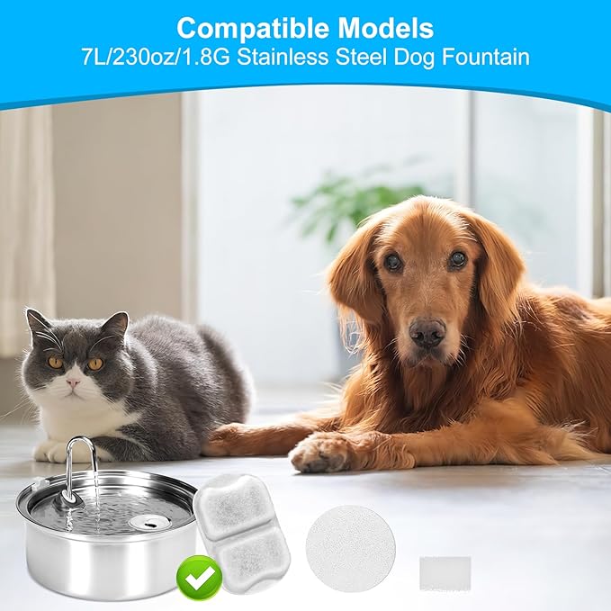8 pack Dog Water Fountain Filters Compatible with oneisall Fountain, Filters Replacement for 7L/230oz/1.8G Stainless Steel Dog Fountain