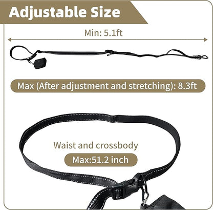6-in-1 Hands-Free Dog Leash, Waist & Crossbody Bungee Lead with Dual Padded Handles, Bungee Shock Absorbing, Seat Belt Buckle, Reflective for Small Medium Large Dogs, Black