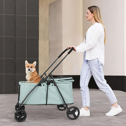20% Larger Capacity, Wedyvko Dog Stroller for Medium/Small Pets w/Dog Poop Bags & Dispenser, Storage Pouch, Zipperless, Entry in/Out Easy (Mint Green)