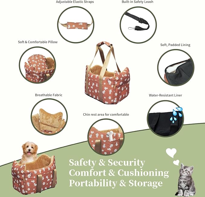 Cullaby Center Console Small Dog Car Seat Portable Puppy Booster Armrest Carseat, Anti-Collapse Comfort Car Travel with Washable Fluffy Cushion and Pillow (Coffee Color, Extar Small armrest lid)