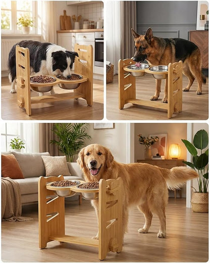 Elevated Dog Bowls, Adjustable Raised Dog Bowl Stand for Medium Large Size Dogs, 15°Tilted Elevated Dog Bowls, Durable Bamboo Dogs Feeder with 2 Stainless Steel Bowls and Non-Slip Feet