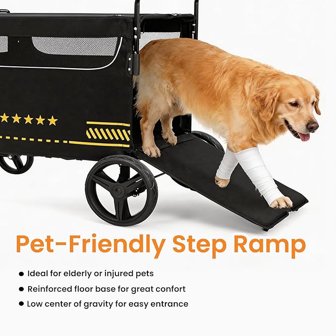 Extra Large Pet Stroller with Ramp, Dog Stroller for Large & Medium Dogs up to 180lbs, Foldable Dog Wagon with Dual Handle & Brake, Portable Puppy Travel Strollers for Cats & Dogs