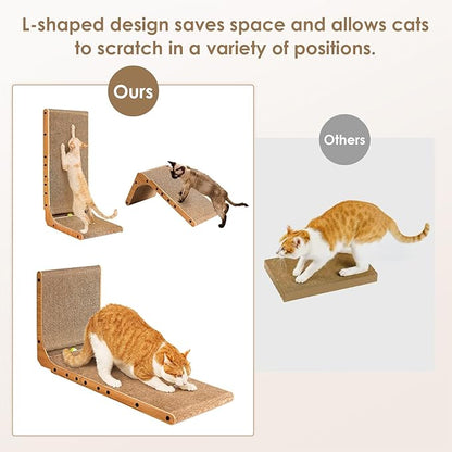 EHEYCIGA Cardboard Cat Scratcher for Indoor Cats, 32 Inch L Shaped Vertical Cat Scratching Board with Ball Cat Toy, Extra Large Cat Scratcher Pad, Brown