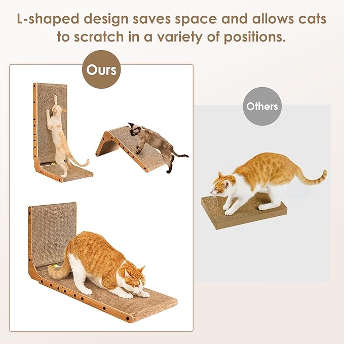 EHEYCIGA Cardboard Cat Scratcher for Indoor Cats, 26.8 Inch L Shaped Vertical Cat Scratching Board with Ball Cat Toy, Large Cat Scratcher Pad, Brown (Pack of 2)