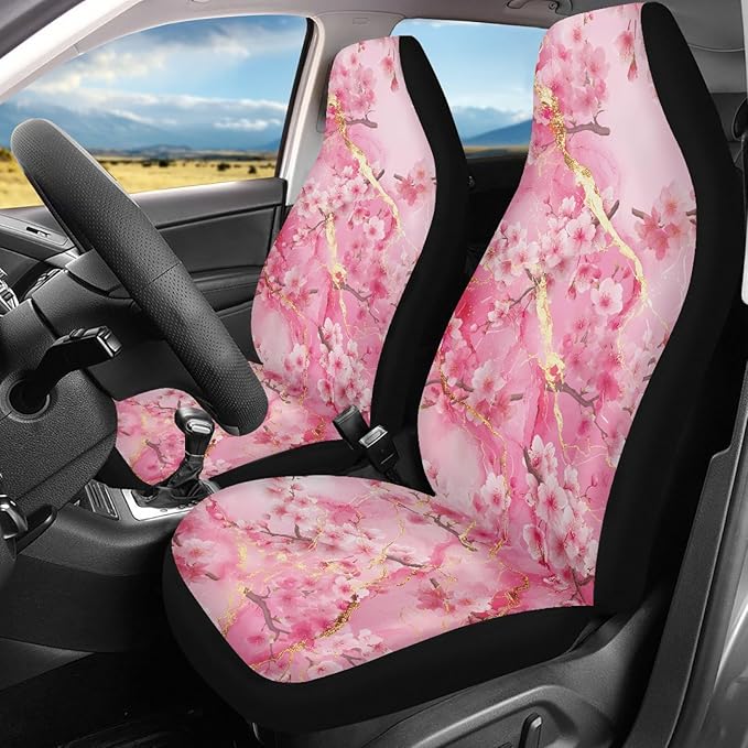Cherry Blossom Car Front Seat Covers 2 PCS Pink Marble Print Vehicle Seat Cover Fit Most Cars, Sedan, SUV, Van Universal Automotive Accessory Decor