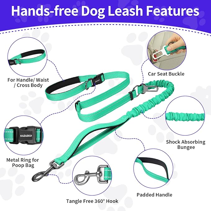 Kazazoo Hands-Free Dog Leash with 5.5-8.5FT Adjustable Length - Heavy Duty No Pull Bungee Design, Reflective Safety for Walking, Jogging & Training | Suitable for Medium to Large Dogs,M size-Green-New