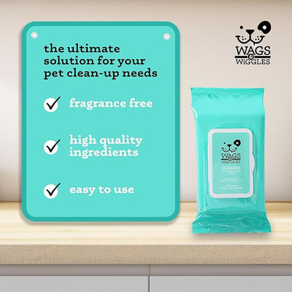 Wags & Wiggles Hypoallergenic Dog Wipes for Sensitive Skin, Fragrance Free Waterless Cleansing Towelettes for Paws Face Body & Rear, No SLS DEA Parabens, 100 Count