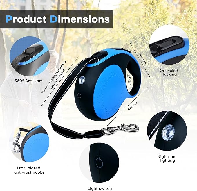 Retractable dog leash with chew-proof cord and LED flashlight, 16-ft heavy-duty dog leash, suitable for Small/medium dogs weighing up to 110 pounds, reflective rope, 360° anti-tangling.(Blue+16ft+LED)