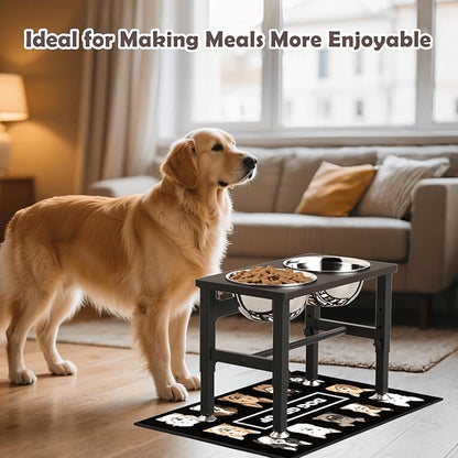 SHAINFUN Elevated Dog Bowls with Slow Feeder & Mat for Medium Large Dogs, Adjustable Height, Raised Dog Bowl Stand with 2 Stainless Steel 58oz Bowls, Tall Dogs Food Water Bowl Wooden & Metal Holder