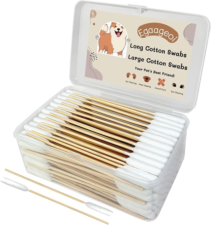 Egaageoi 200 Count Large Cotton Swabs for Dogs & Cats (6 Inch) | Biodegradable Bamboo Handle Tips for Pet Ear Cleaning | Soft Fragrance-Free Applicators for Ointments & Medication