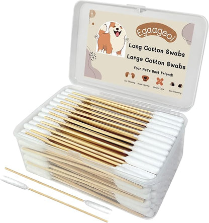 Egaageoi 200 Count Large Cotton Swabs for Dogs & Cats (6 Inch) | Biodegradable Bamboo Handle Tips for Pet Ear Cleaning | Soft Fragrance-Free Applicators for Ointments & Medication