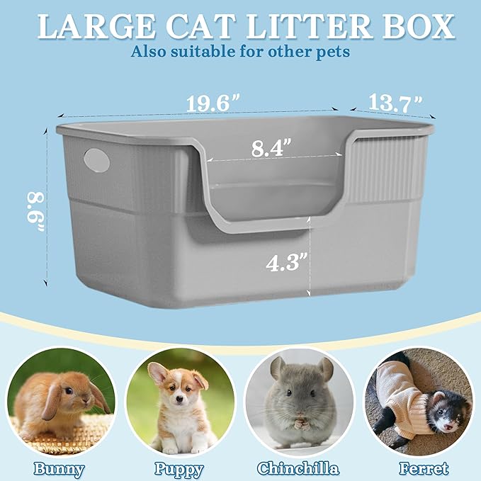 2 Pack Low Entry Litter Box for Kittens & Senior Cats, High Sided Litter Boxes with Handle, Anti-Splash Plastic Large Litter Tray Pan for Big Cat, Easy to Clean, 19.6" L*13.7" W*8.6" H (Grey)