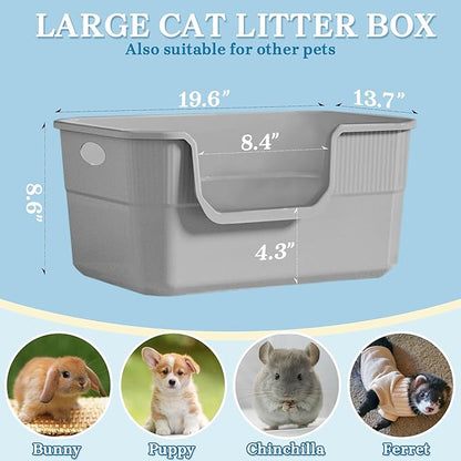 2 Pack Low Entry Litter Box for Kittens & Senior Cats, High Sided Litter Boxes with Handle, Anti-Splash Plastic Large Litter Tray Pan for Big Cat, Easy to Clean, 19.6" L*13.7" W*8.6" H (Grey)