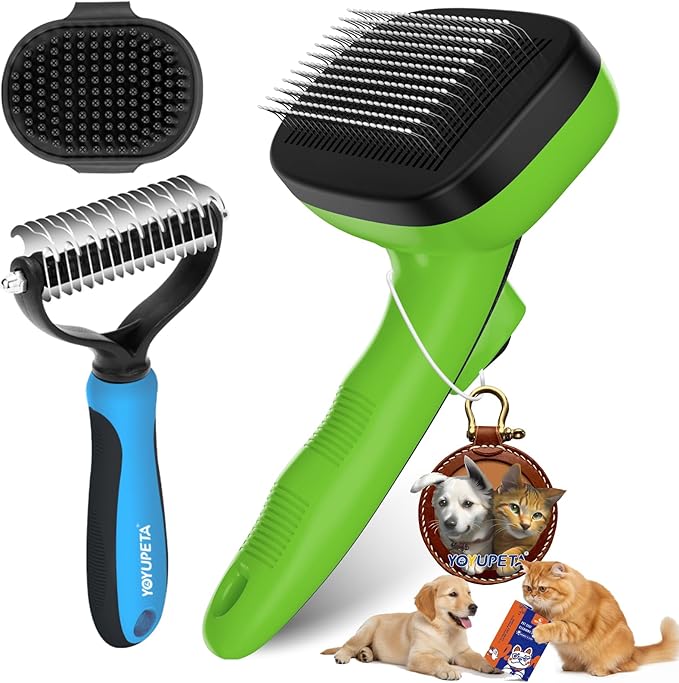 3PC Dog Brush Kit - Self-Cleaning Slicker Brush with Bath Brush & Undercoat Rake | Deshedding Tools for Large - Small Dogs & Cats, Professional Pet Grooming Set for Heavy Shedding, Green