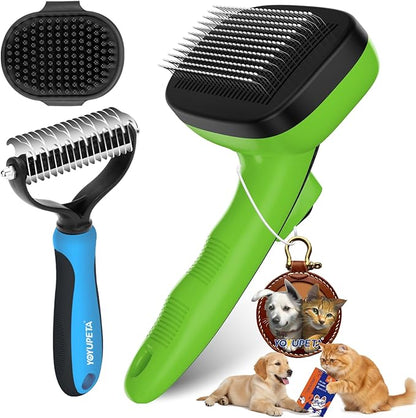 3PC Dog Brush Kit - Self-Cleaning Slicker Brush with Bath Brush & Undercoat Rake | Deshedding Tools for Large - Small Dogs & Cats, Professional Pet Grooming Set for Heavy Shedding, Green