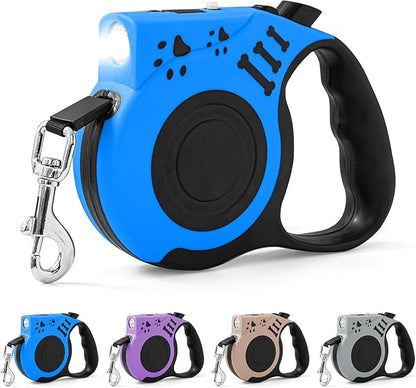 Retractable Dog Leash with USB Rechargeable Flashlight for Night Walks, 16FT Automatic Telescopic Tractor Dog Leash for Small and Medium Dogs, Blue