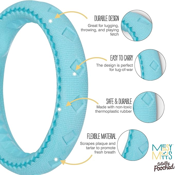 Messy Mutts Totally Pooched Chew n' Tug Ring | TPR Dog Toy | Made for Tough Chewers | Tough Fetch Ring for Dogs | 6.5” | Teal