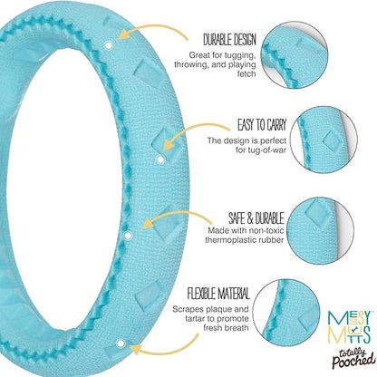 Messy Mutts Totally Pooched Chew n' Tug Ring | TPR Dog Toy | Made for Tough Chewers | Tough Fetch Ring for Dogs | 6.5” | Teal