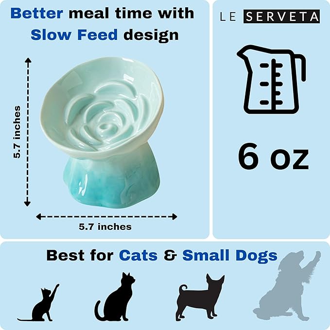 Elevated Ceramic Cat Bowl, Tilted Slow Feeder Pet Dish with Gradient Color Coating, 3.3 Ounces Capacity, Anti-Gulping Design with Rose Bouquet Design (Gradient Green)