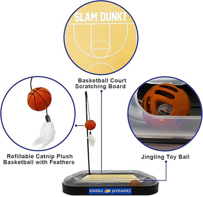 NCAA KANSAS Jayhawks REVERSIBLE Basketball Court Felt Cat Scratcher & 6-in-1 Interactive Cat Wand Poll Toy - Catnip-Filled Plush Basketball & Feathers