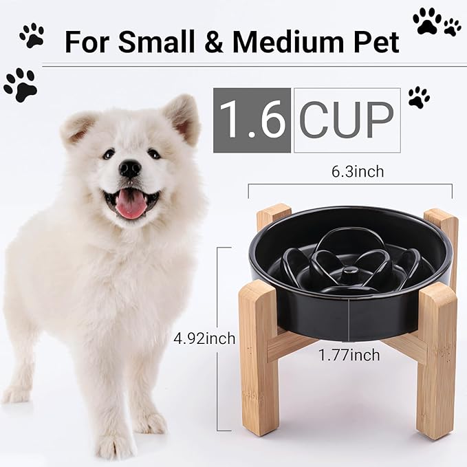 Ceramic Slow Feeder/Dog Bowl for Small Medium Dogs,Elevated/Raised Slow Feeding Dog Food Water Dish Heavy Weighted,Puzzle Eating Bow (Black, 8.26in)