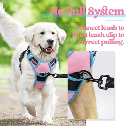 rabbitgoo Dog Harness No Pull with 2 Leash Clips, Adjustable Soft Padded, Reflective Oxford No Choke Pet Vest with Easy Control Handle for Large Dogs, Pink & Blue, L