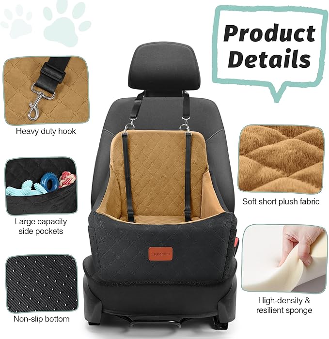 Lealchum Dog Booster Car Seat for Medium Dogs Up to 40lbs Pets,Easy to Install,Fully Detachable and Washable,Anti-Slip Base,Snug Puppy Car Seat with 2 Clip-On Leashes(Black/Coffee,Medium)