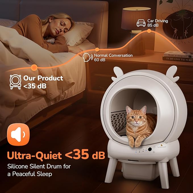 Automatic Self Cleaning Litter Box, Cat Litter Box with APP Control, 65L Globe & Dual Safety Sensors, Robot Litter Box, 1 Roll Garbage Bags and Litter Mat, <35DB, for Multiple Cats, White